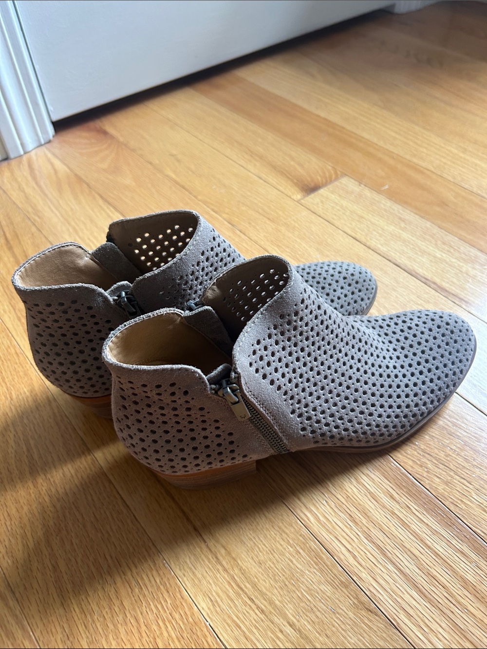 Lucky Brand Perforated Taupe Suede Ankle Booties